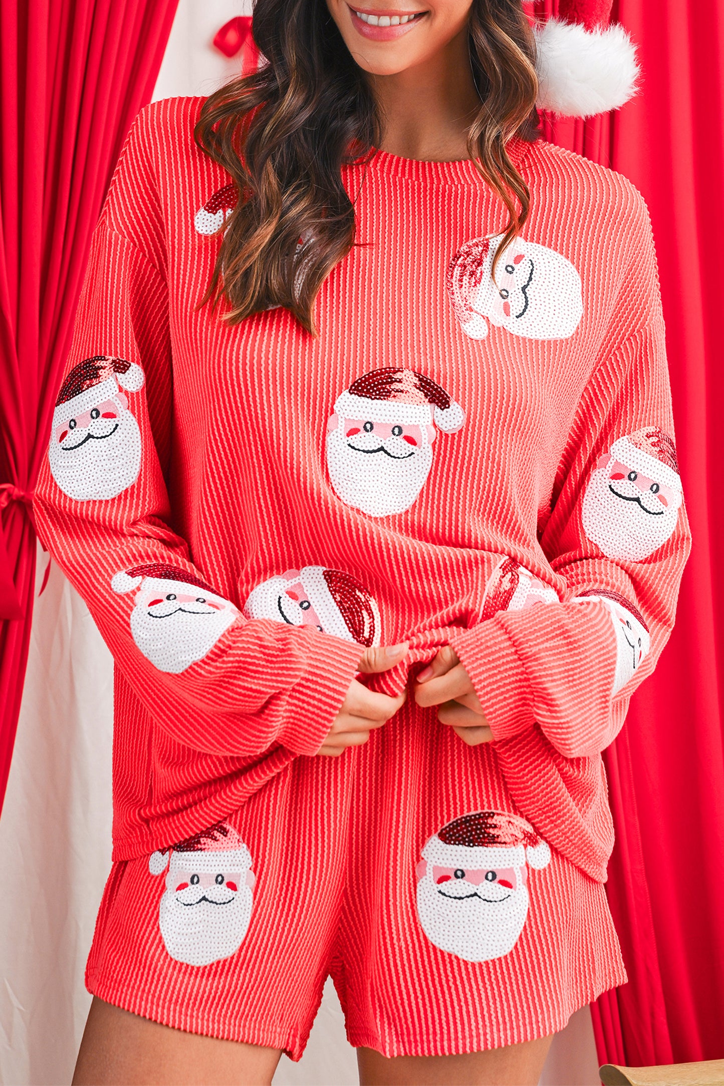 Gold Flame Corded Sequin Christmas Santa Clause Patch Application Pullover and Shorts Set-Graphic Apparel-[Adult]-[Female]-2022 Online Blue Zone Planet