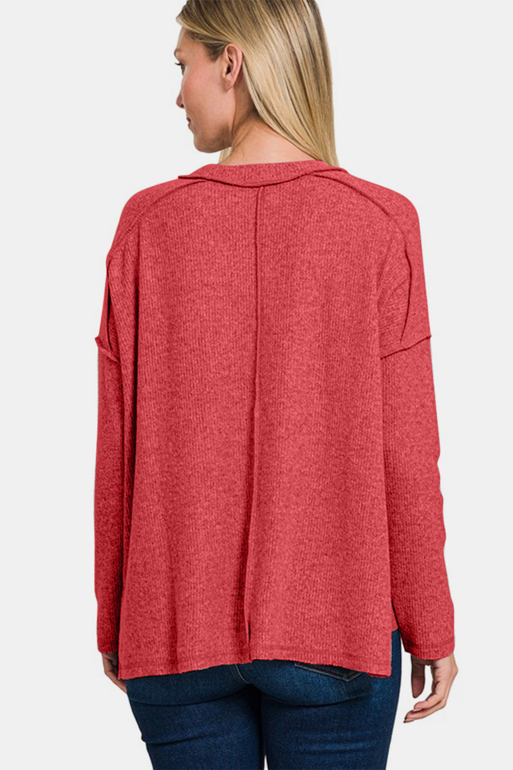 Zenana Full Size Exposed Seam Brushed Round Neck Sweater-TOPS / DRESSES-[Adult]-[Female]-2022 Online Blue Zone Planet