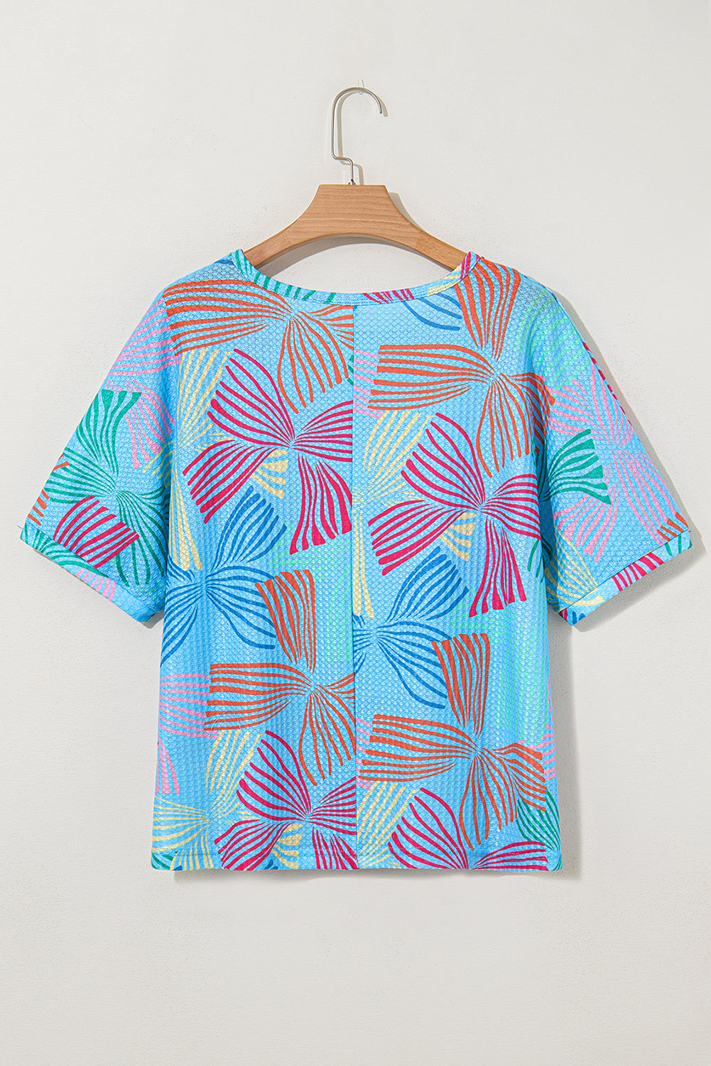 Sky Blue Bowknot Printed Waffle Crewneck Loose Short Sleeve Top-Tops/Tops & Tees-[Adult]-[Female]-2022 Online Blue Zone Planet