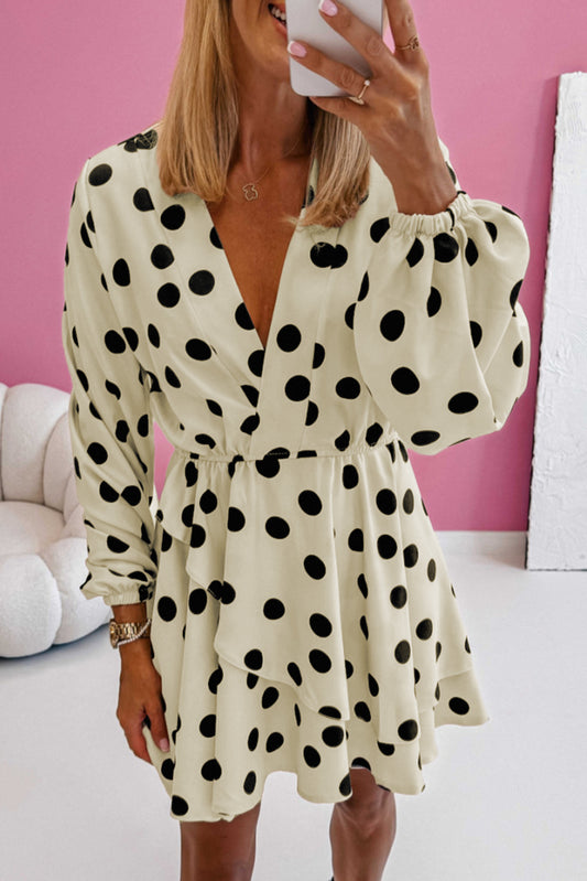 Blue Zone Planet | Beige Polka Dot Printed Surplice V Neck Puff Sleeve Mini Dress-TOPS / DRESSES-[Adult]-[Female]-Beige-S-2022 Online Blue Zone Planet