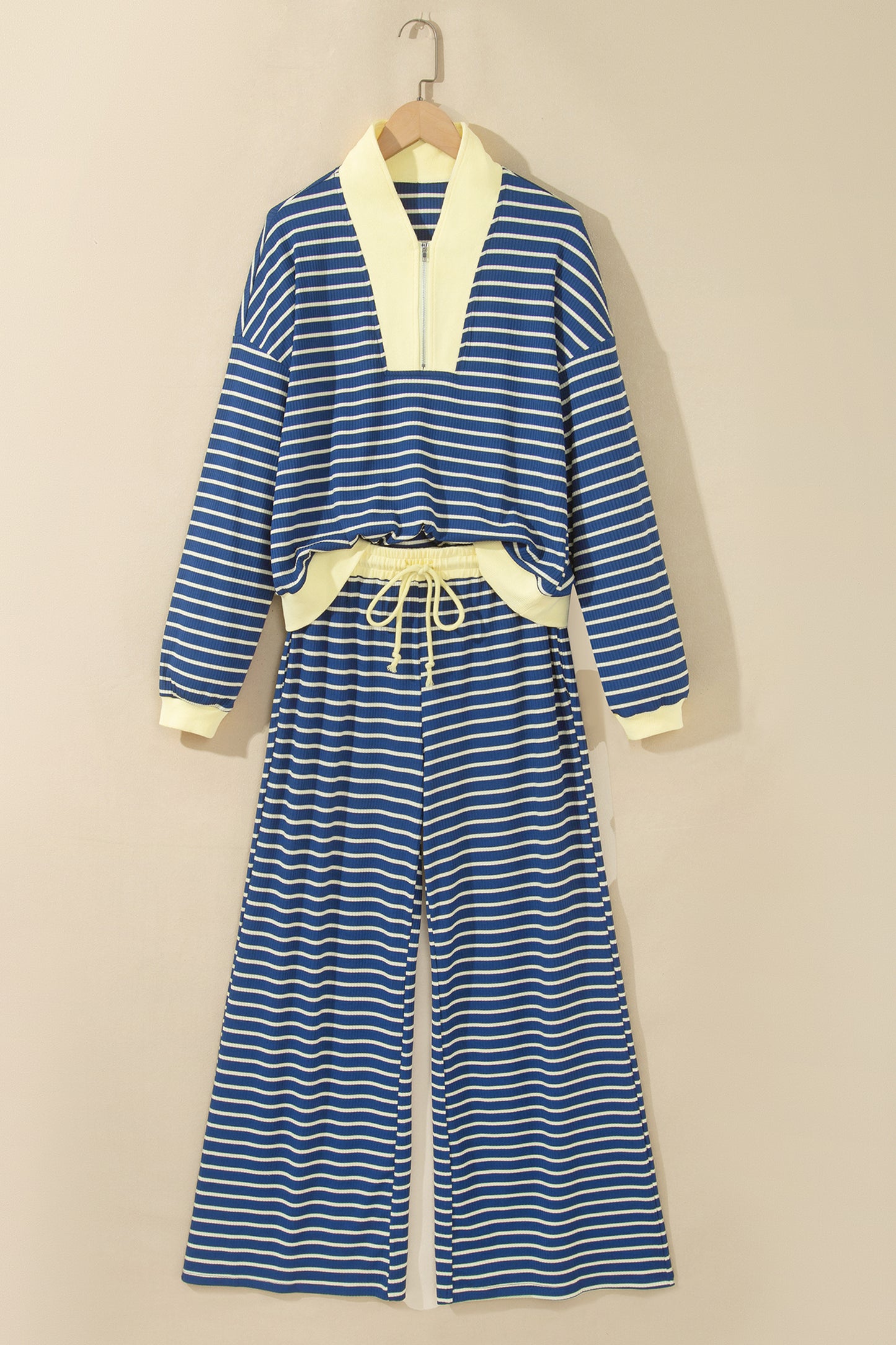 Blue Stripe Color Block Patchwork Zip V Neck Pullover Loose Pants 2pcs Set-Two Piece Sets/Pant Sets-[Adult]-[Female]-2022 Online Blue Zone Planet