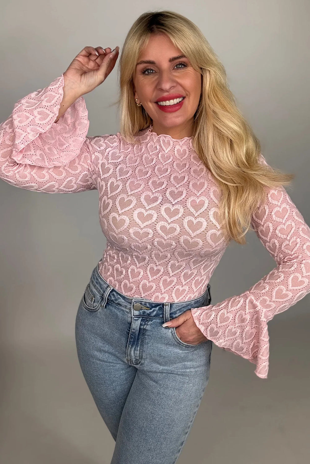 Gossamer Pink Heart Jacquard Flare Sleeve Mock Neck Fitted Top-Tops/Long Sleeve Tops-[Adult]-[Female]-2022 Online Blue Zone Planet