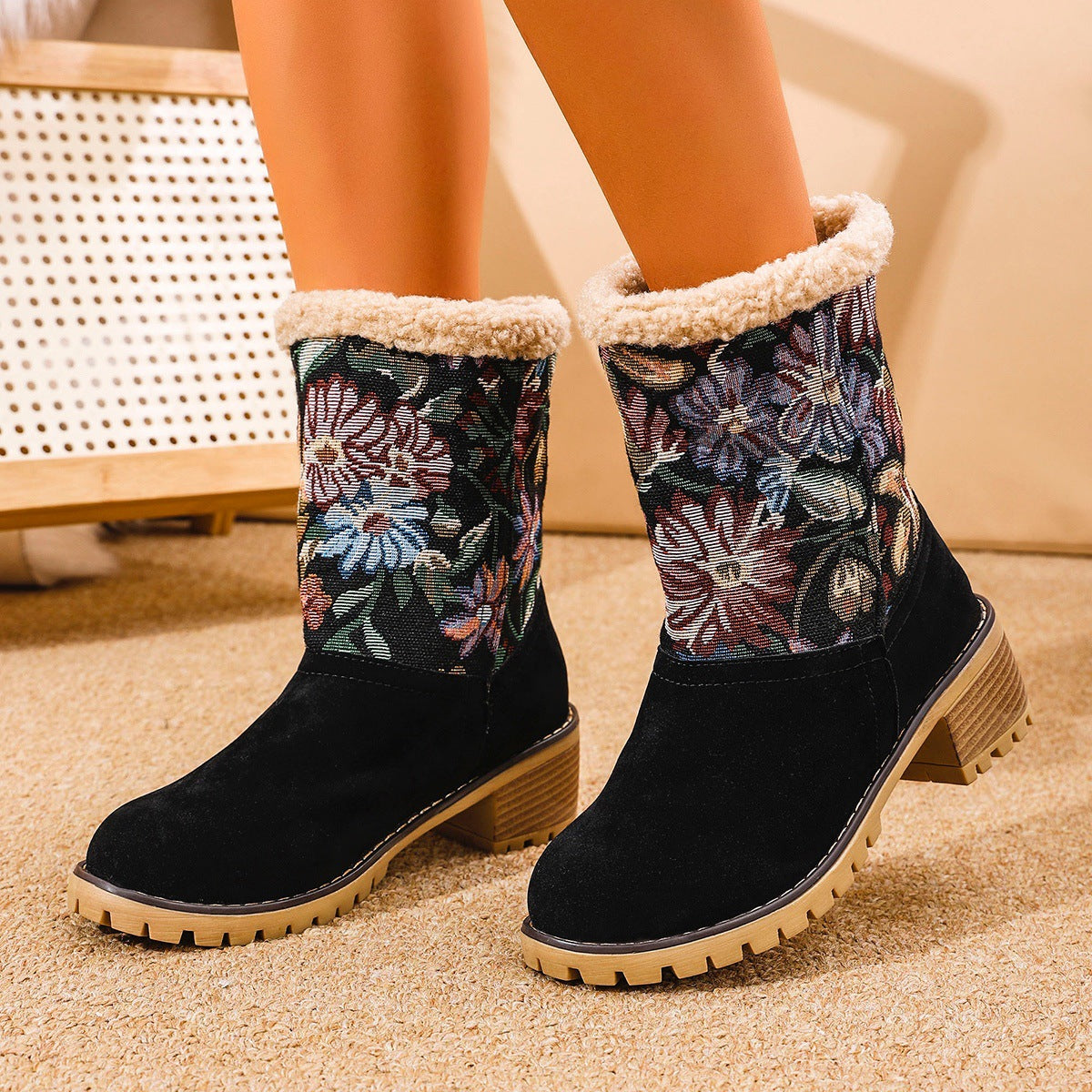 Embroidered Faux Fur Block Heel Boots-SHOES-[Adult]-[Female]-Black-35(US4)-2022 Online Blue Zone Planet