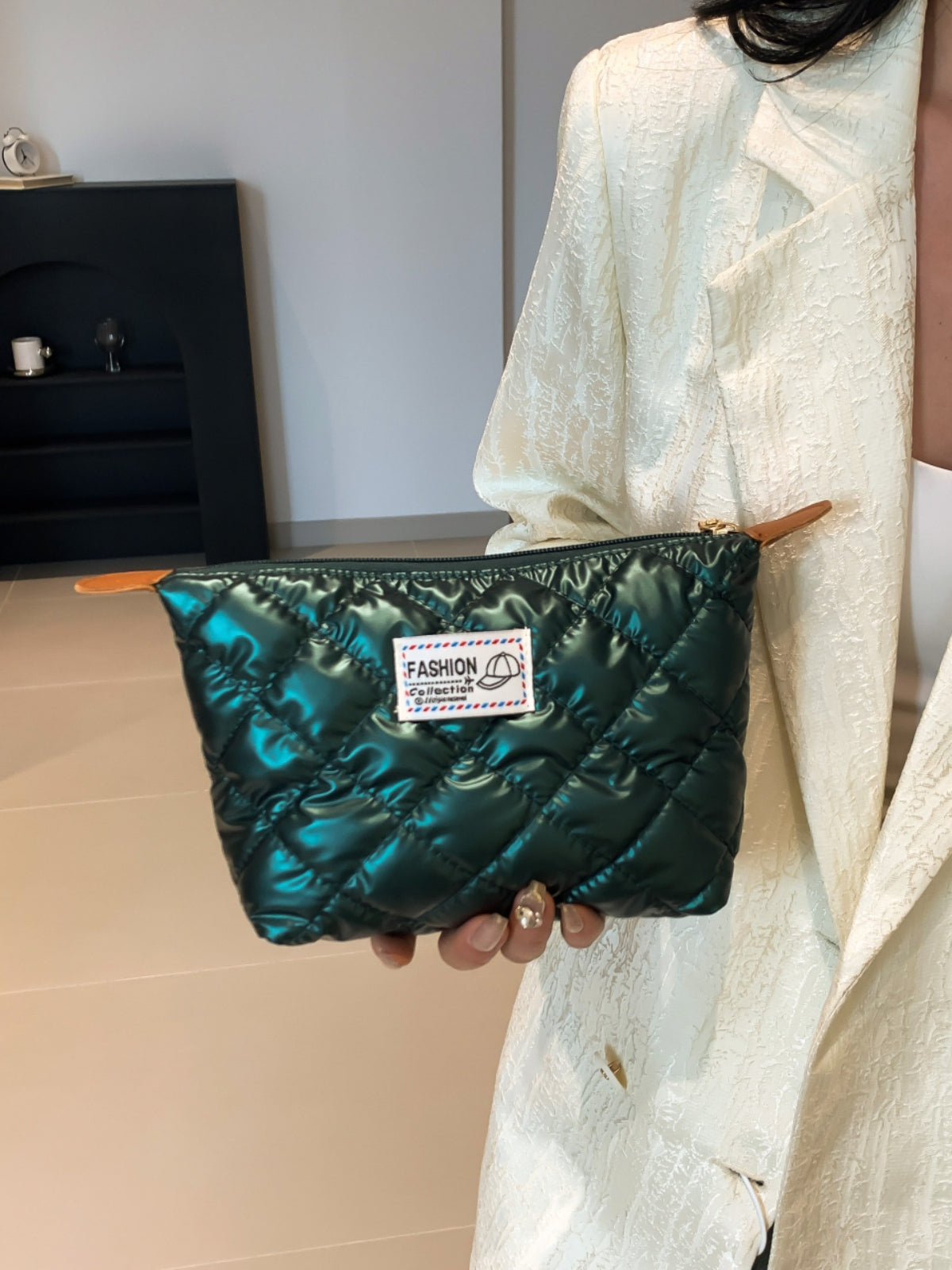 Solid Quilted Clutch with Zipper-HANDBAGS-[Adult]-[Female]-Dark Green-One Size-2022 Online Blue Zone Planet