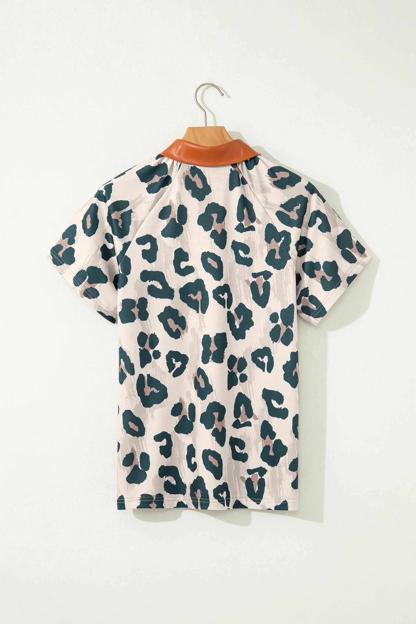 Casual Unique Leopard Print Button Contrast Collared Short Sleeve Blouse-Tops/Blouses & Shirts-[Adult]-[Female]-2022 Online Blue Zone Planet