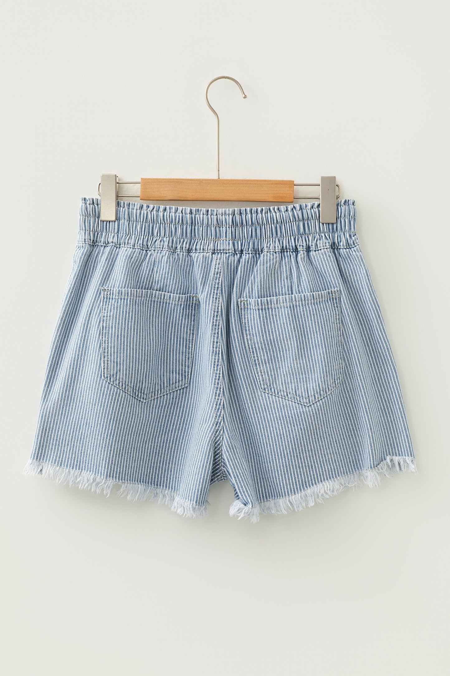 Sky Blue Stripe Raw Edge Drawstring Elastic Waist Casual Denim Shorts-Bottoms/Denim Shorts-[Adult]-[Female]-2022 Online Blue Zone Planet