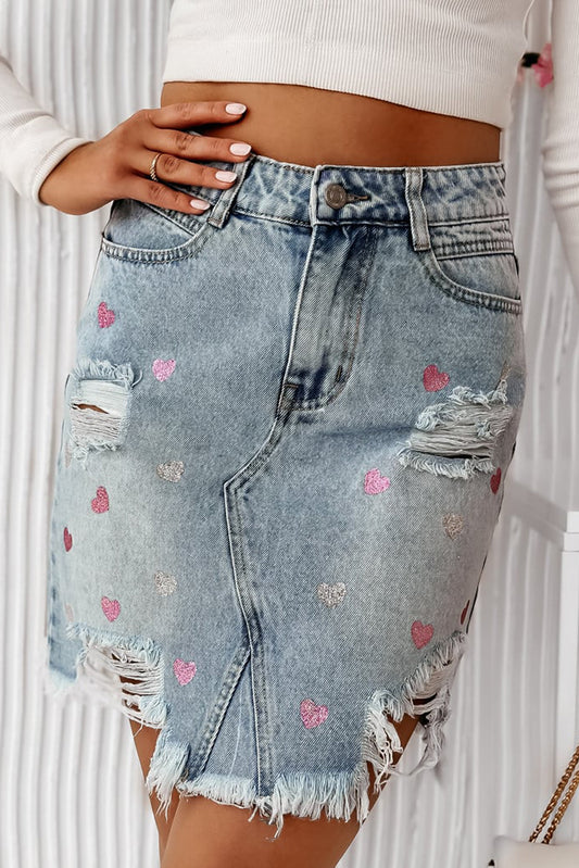 Blue Zone Planet | Beau Blue Shimmer Heart Pattern Distressed Denim Mini Skirt-Bottoms/Skirts & Petticoat-[Adult]-[Female]-Beau Blue-S-2022 Online Blue Zone Planet