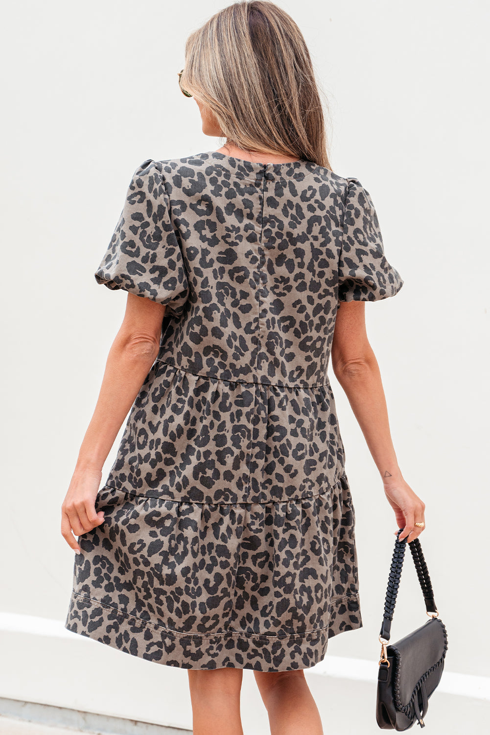 Brown Denim Leopard Printed Short Puff Sleeve Mini Dress-TOPS / DRESSES-[Adult]-[Female]-2022 Online Blue Zone Planet