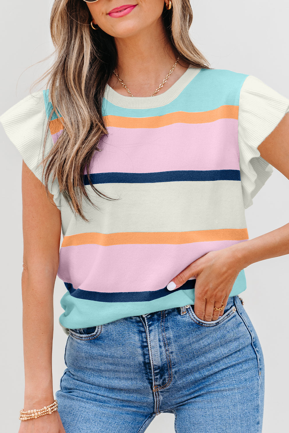 Multicolour Striped Color Block Flutter Sleeve Patchwork Sweater Top-TOPS / DRESSES-[Adult]-[Female]-2022 Online Blue Zone Planet