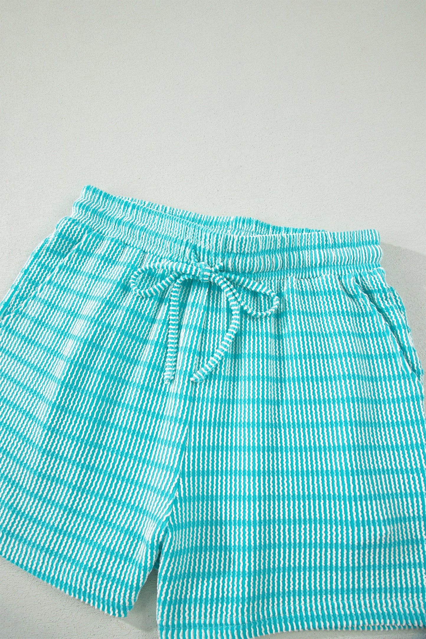 Rose Stripe Raised Rib Loose Tee Drawstring Elastic Waist 2pcs Short Set-Two Piece Sets/Short Sets-[Adult]-[Female]-2022 Online Blue Zone Planet