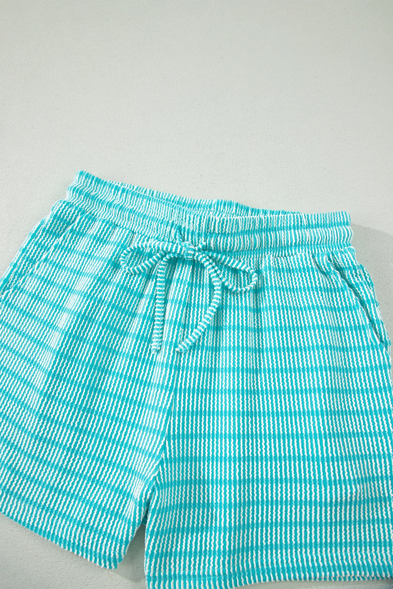 Rose Stripe Raised Rib Loose Tee Drawstring Elastic Waist 2pcs Short Set-Two Piece Sets/Short Sets-[Adult]-[Female]-2022 Online Blue Zone Planet