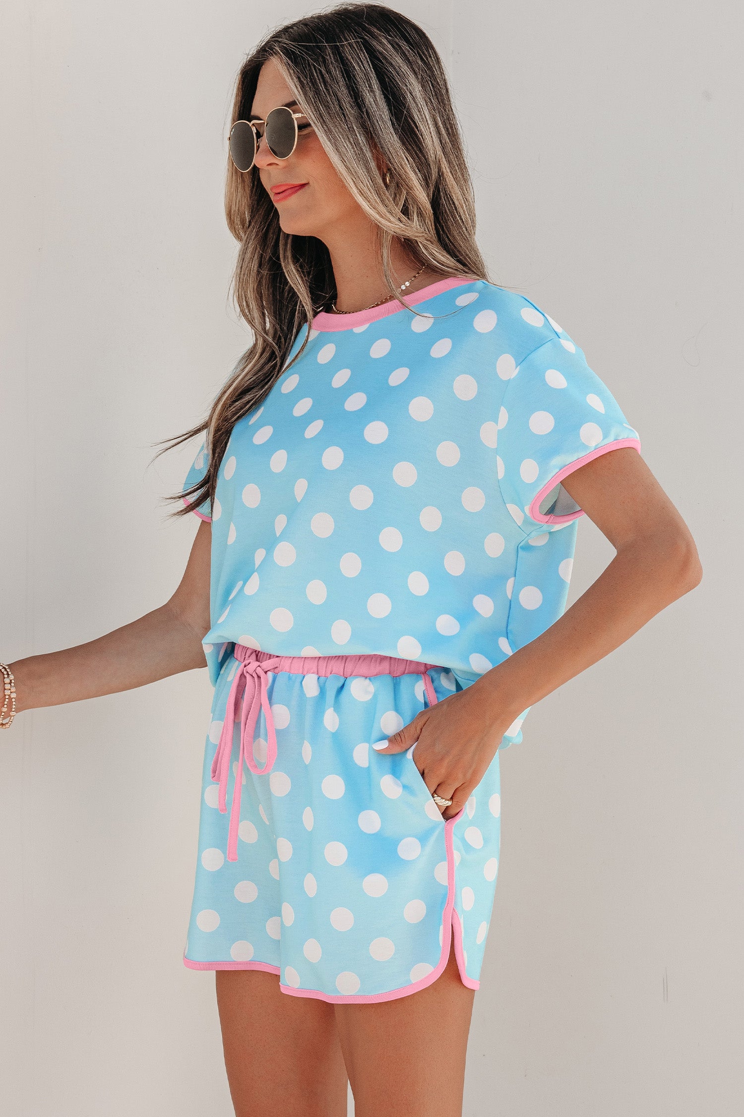 Pink Polka Dot Contrast Edge Casual Short Set-Two Piece Sets/Short Sets-[Adult]-[Female]-2022 Online Blue Zone Planet