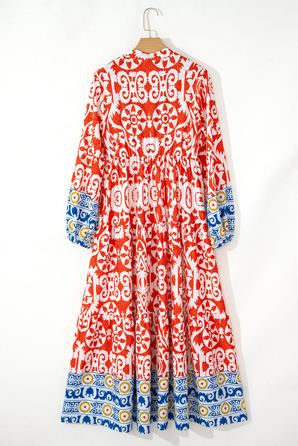 Blue Zone Planet | Orange Boho Geometric Printed Long Sleeve Maxi Dress-TOPS / DRESSES-[Adult]-[Female]-2022 Online Blue Zone Planet