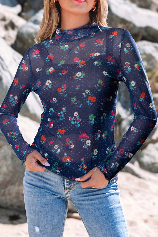 Blue Polka Dot Floral Mesh Long Sleeve High Neck Pullover Sheath Top-Tops/Long Sleeve Tops-[Adult]-[Female]-Blue-S-2022 Online Blue Zone Planet