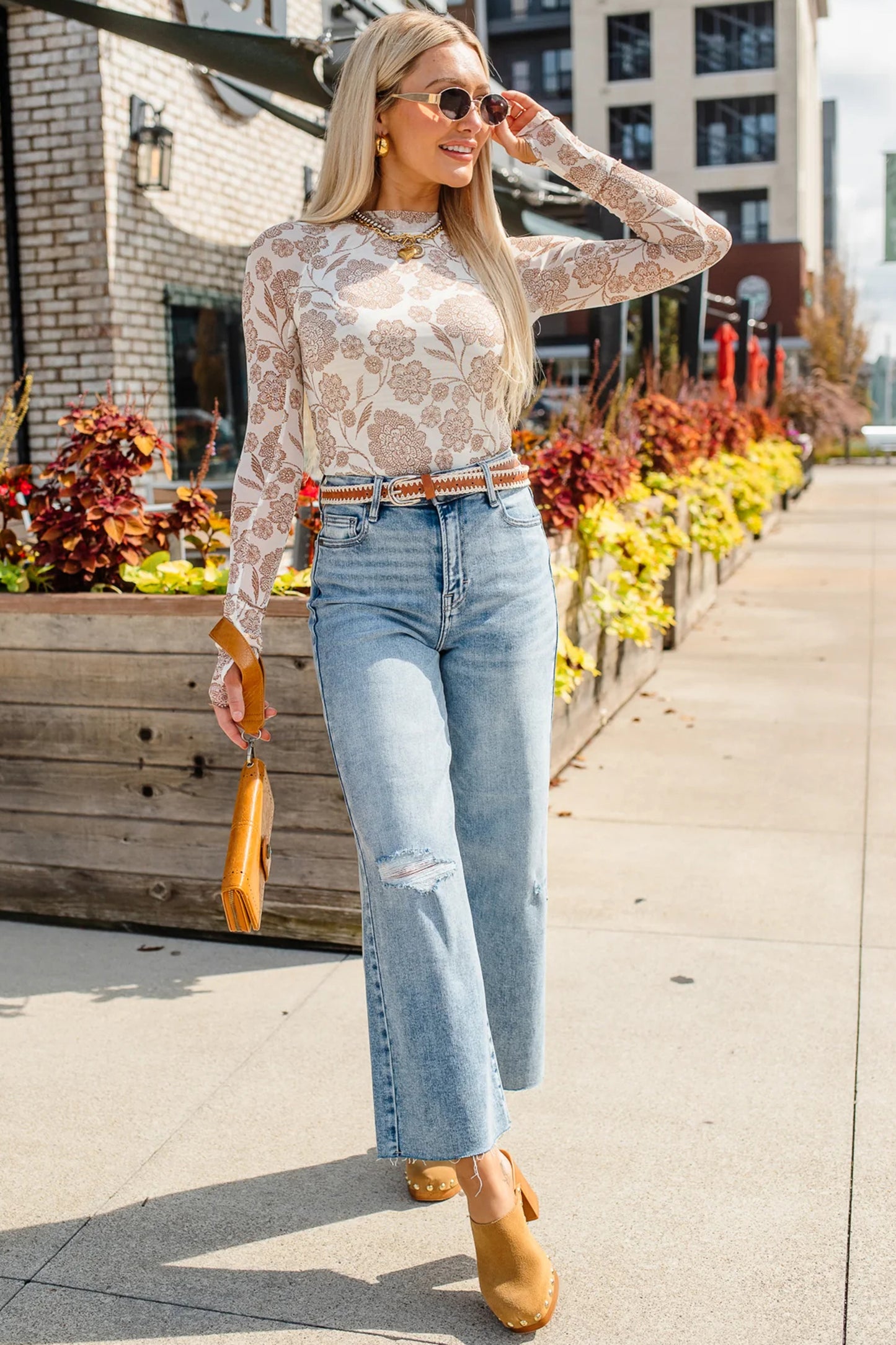 Brown Thumbhole Long Sleeve Floral Print Mesh Top-Tops/Long Sleeve Tops-[Adult]-[Female]-2022 Online Blue Zone Planet