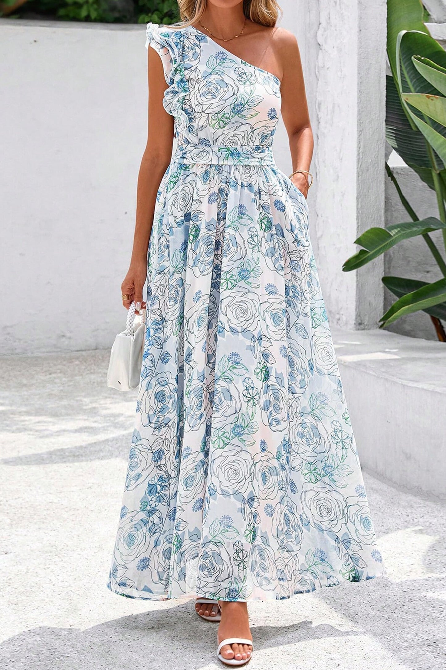 Sky Blue Floral Print Ruffled One Shoulder Vacation Maxi Dress-Dresses/Floral Dresses-[Adult]-[Female]-2022 Online Blue Zone Planet