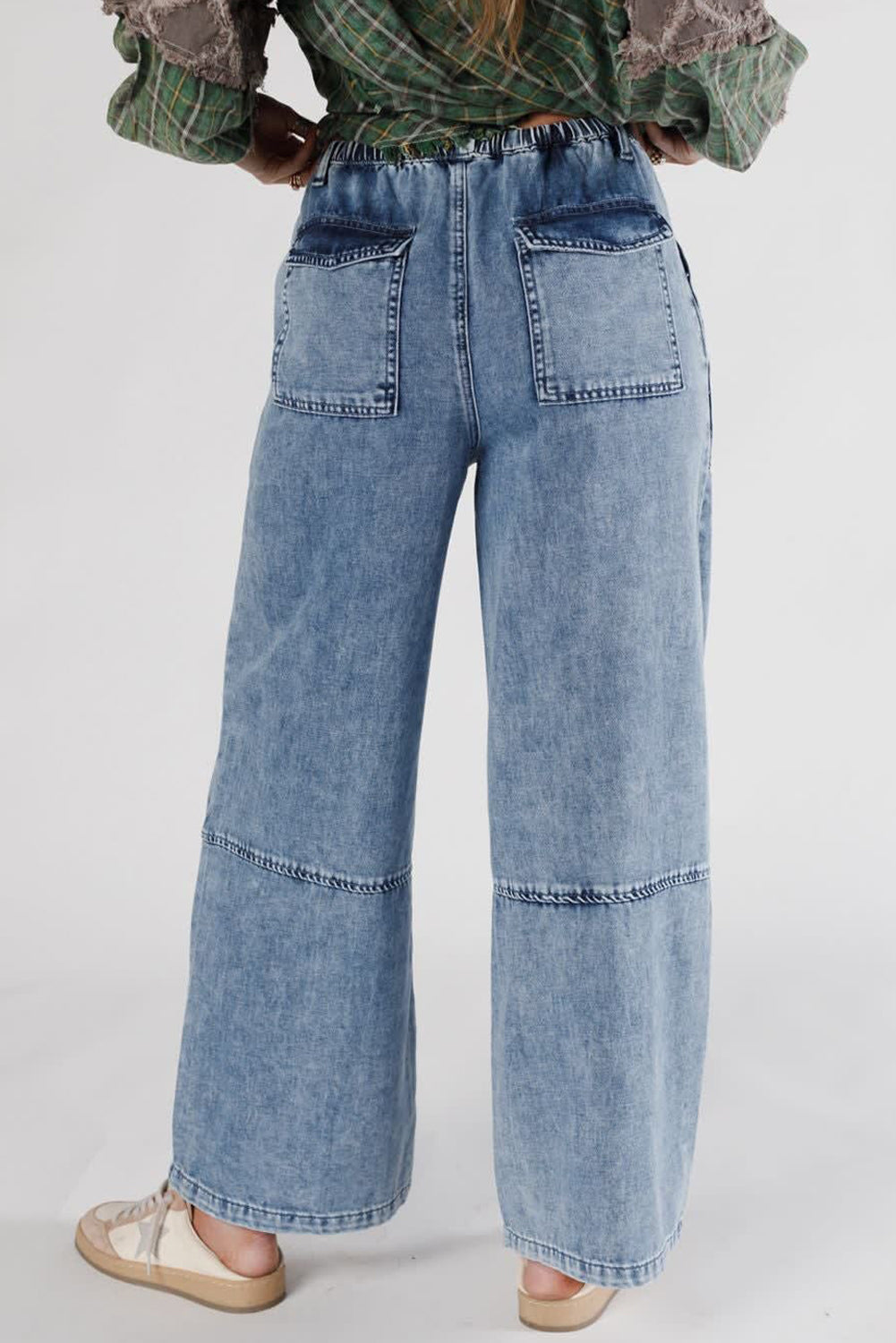 Ashleigh Blue Acid Wash Exposed Seam Drawstring High Waist Jeans-Bottoms/Jeans-[Adult]-[Female]-2022 Online Blue Zone Planet