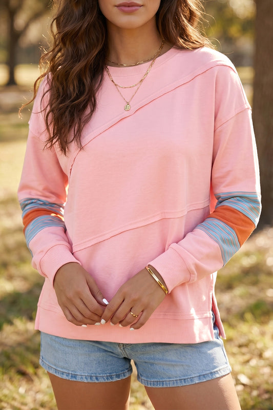 Pink Colorblock Striped Patchwork Long Sleeve Round Neck Blouse-Tops/Long Sleeve Tops-[Adult]-[Female]-Pink-S-2022 Online Blue Zone Planet