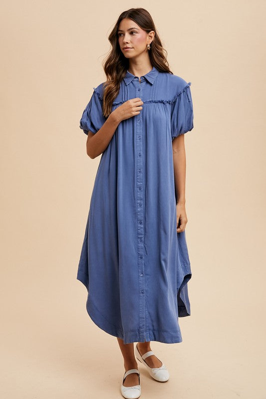 Annie Wear Mineral Washed Button Down Puff Sleeve Shirt Dress-TOPS / DRESSES-[Adult]-[Female]-2022 Online Blue Zone Planet