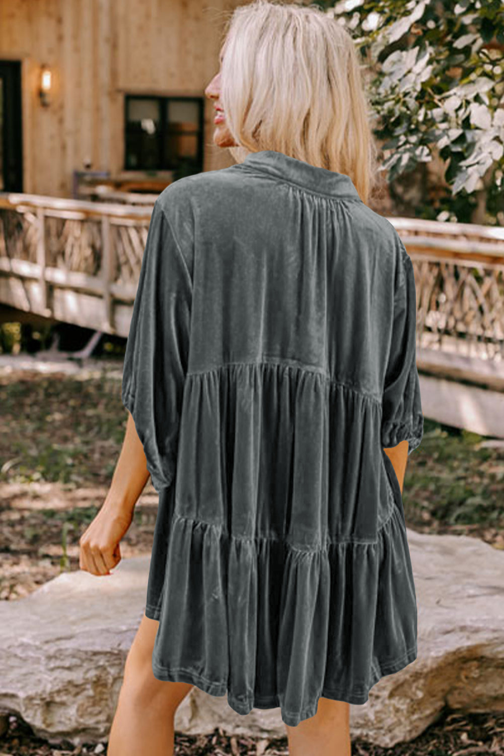Dark Grey 3/4 Sleeve Tunic Babydoll Velvet Shirt-Tops/Blouses & Shirts-[Adult]-[Female]-2022 Online Blue Zone Planet