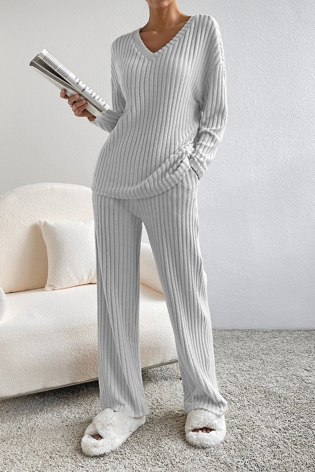 Light Grey Ribbed Knit V Neck Slouchy Two-piece Outfit-Loungewear & Sleepwear/Loungewear-[Adult]-[Female]-2022 Online Blue Zone Planet