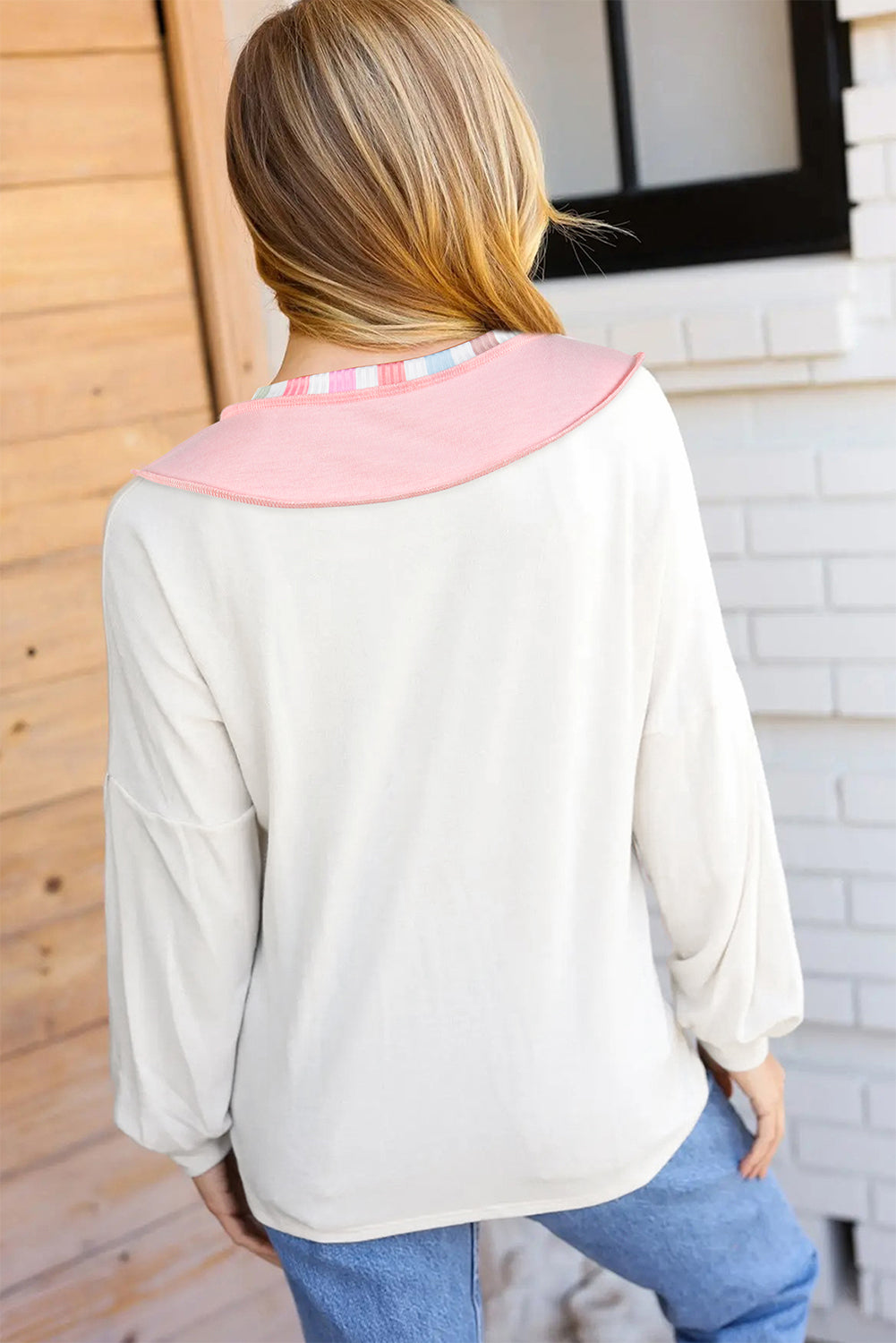 White Exposed Seam Rainbow Stripe Color Block V Neck Loose Long Sleeve Top-Tops/Long Sleeve Tops-[Adult]-[Female]-2022 Online Blue Zone Planet