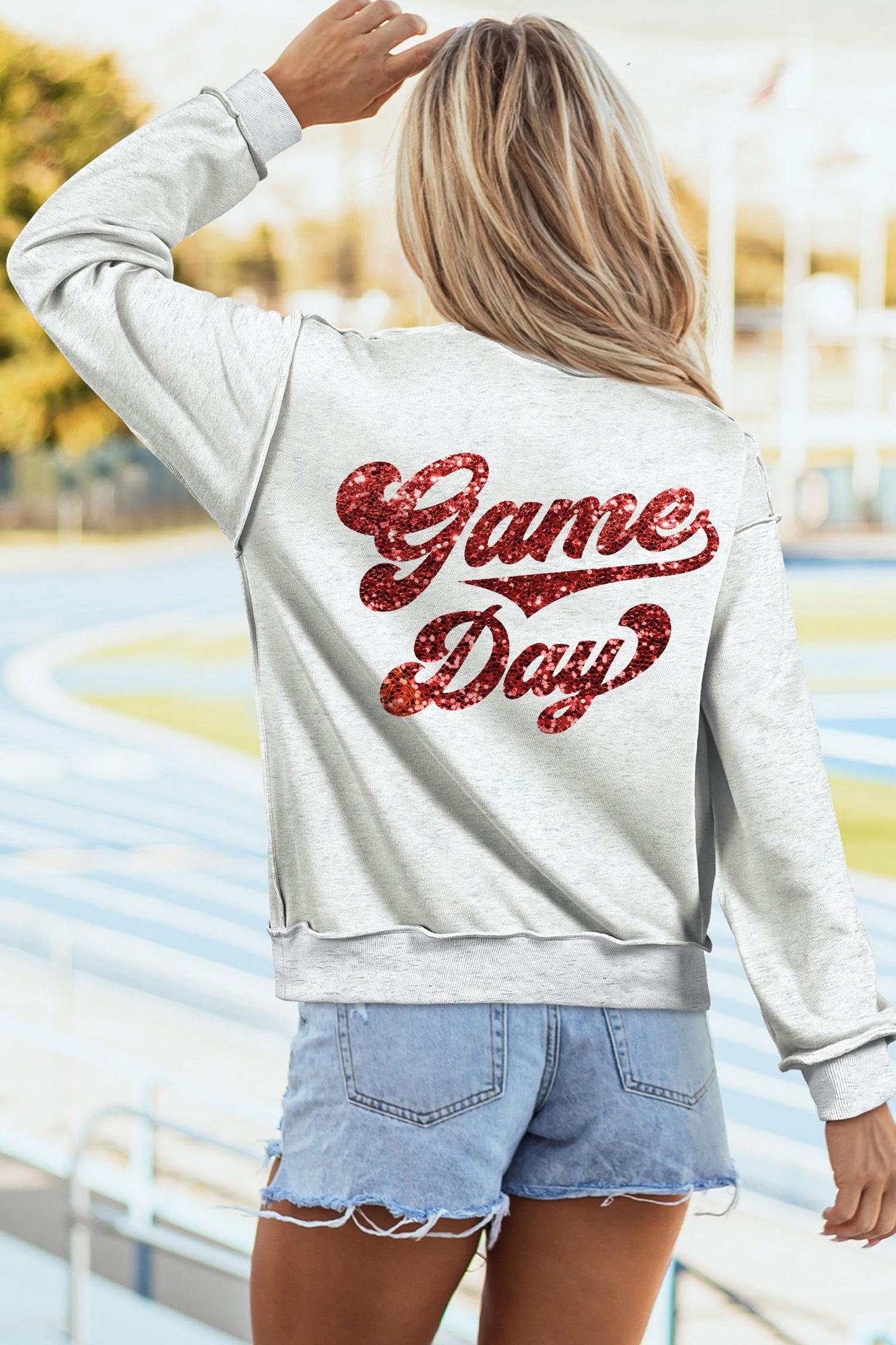 Light Grey Football Patch Sequin Game Day Lettering Mock Neck Tunic Sweatshirt-Graphic/Graphic Sweatshirts-[Adult]-[Female]-2022 Online Blue Zone Planet