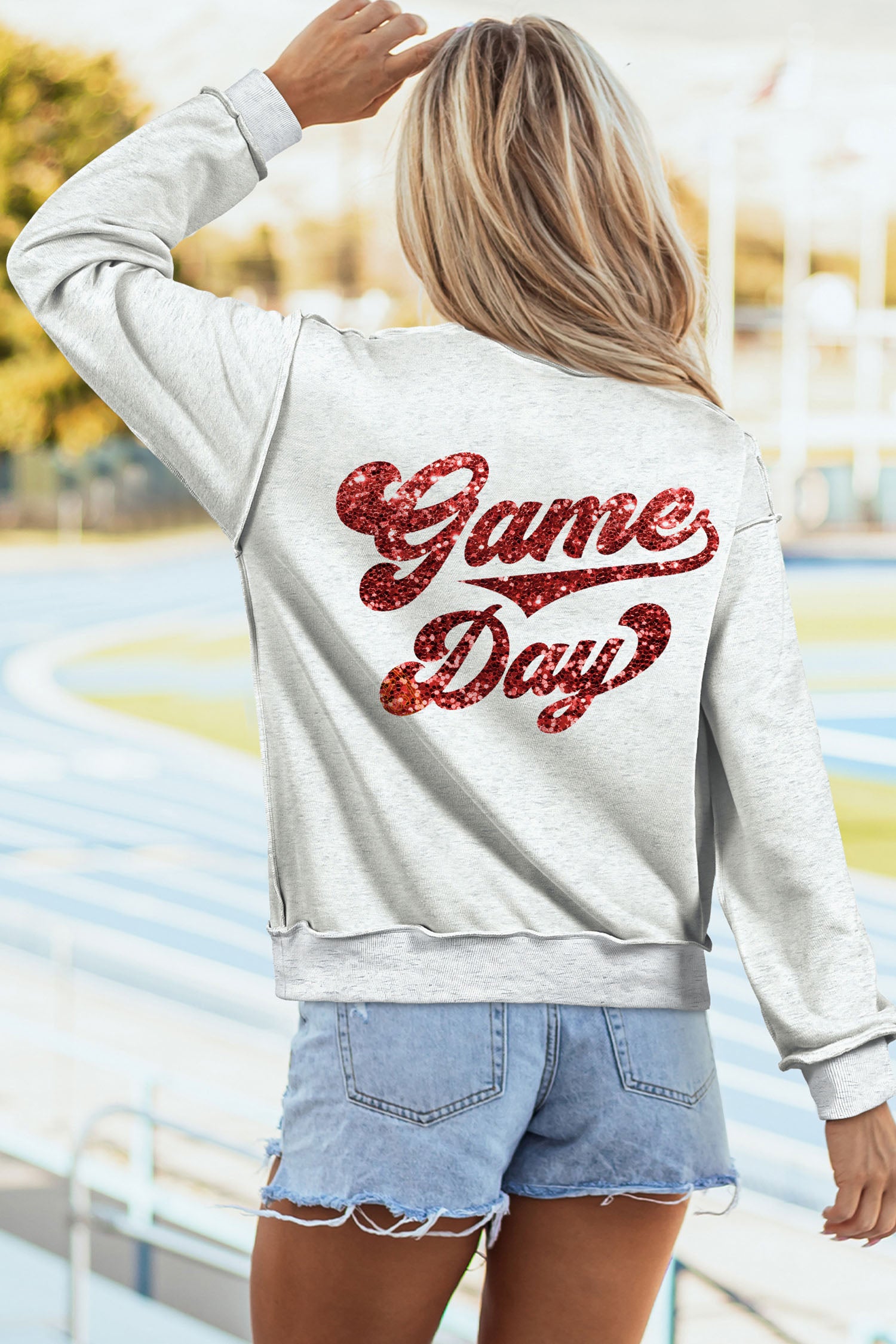 Light Grey Football Patch Sequin Game Day Lettering Mock Neck Tunic Sweatshirt-Graphic/Graphic Sweatshirts-[Adult]-[Female]-2022 Online Blue Zone Planet