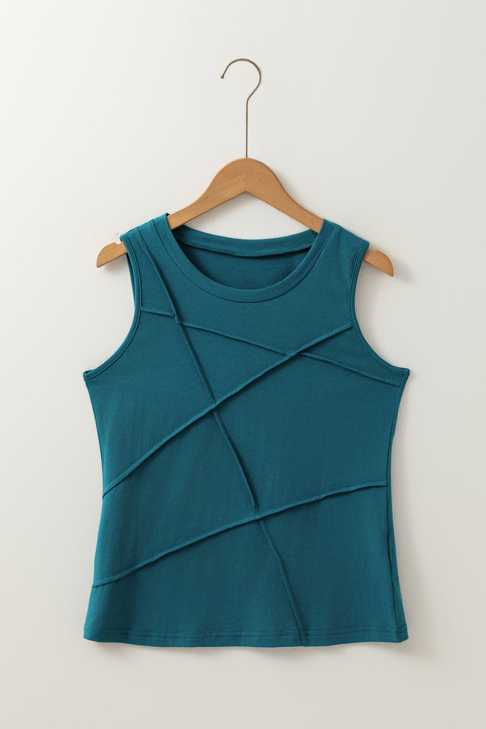 Blue Sapphire Solid Color Stitching Detail Round Neck Tank Top-Tops/Tank Tops-[Adult]-[Female]-2022 Online Blue Zone Planet