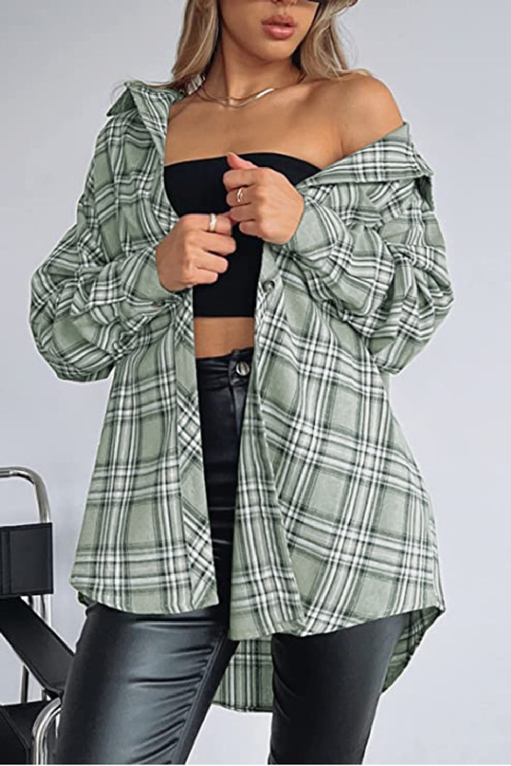 Plaid Collared Neck Long Sleeve Shirt-TOPS / DRESSES-[Adult]-[Female]-Gum Leaf-S-2022 Online Blue Zone Planet