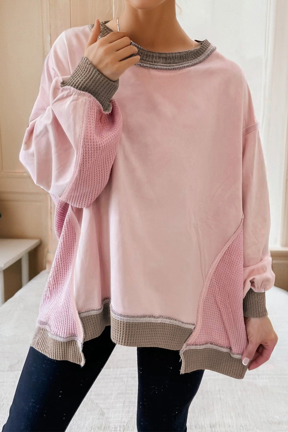 Light Pink Color Block Mix Texture Waffle Patchwork Oversize Sweatshirt-Tops/Sweatshirts & Hoodies-[Adult]-[Female]-2022 Online Blue Zone Planet