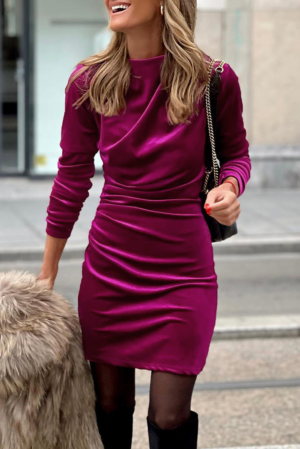 Pitaya Pink Velvet Mock Neck Ruched Long Sleeve Bodycon Dress-Dresses/Bodycon Dresses-[Adult]-[Female]-2022 Online Blue Zone Planet