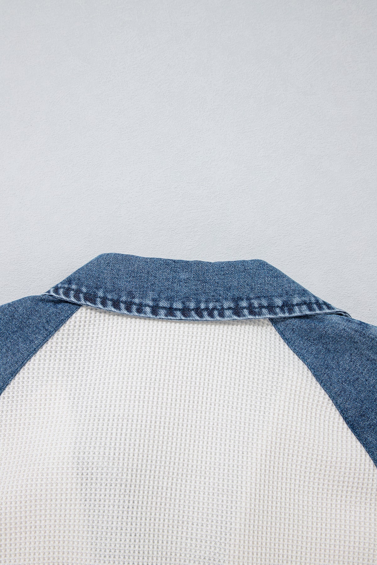 White Textured Color Block Denim Patchwork Polo Collar Tee-Tops/Tops & Tees-[Adult]-[Female]-2022 Online Blue Zone Planet