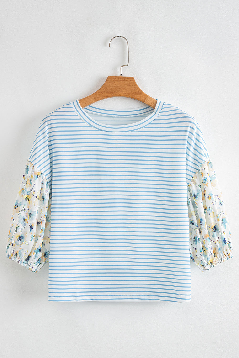 Sky Blue Stripe 3/4 Floral Puff Sleeve Patchwork Drop Shoulder Top-Tops/Blouses & Shirts-[Adult]-[Female]-2022 Online Blue Zone Planet