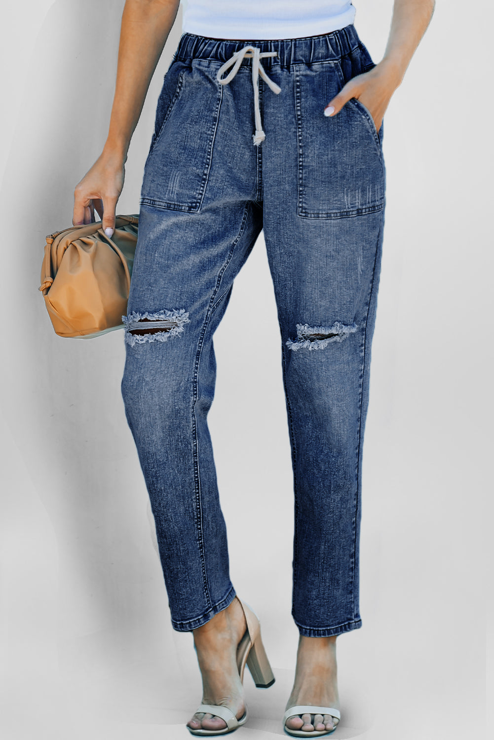 Dark Blue Gather Round Distressed Pocketed Denim Jogger-Bottoms/Jeans-[Adult]-[Female]-2022 Online Blue Zone Planet