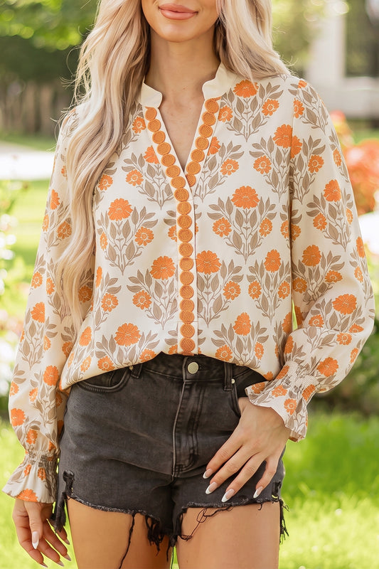 Orange Floral Print Contrast Detail V Neck Long Sleeve Blouse-Tops/Blouses & Shirts-[Adult]-[Female]-Orange-S-2022 Online Blue Zone Planet