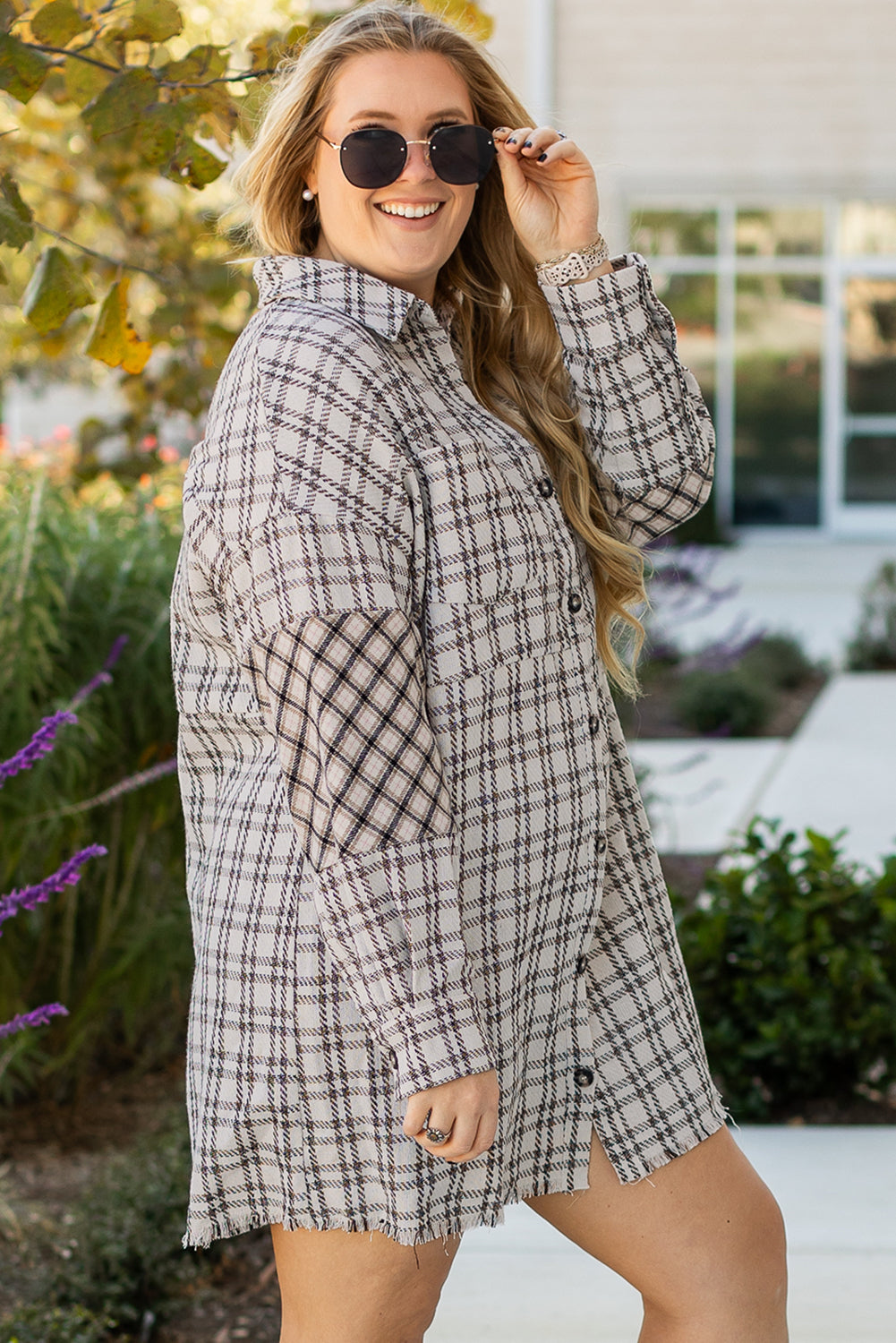 Blue Zone Planet | White Stripe Plus Size Plaid Buttoned Raw Hem Tunic Shirt Dress-TOPS / DRESSES-[Adult]-[Female]-2022 Online Blue Zone Planet