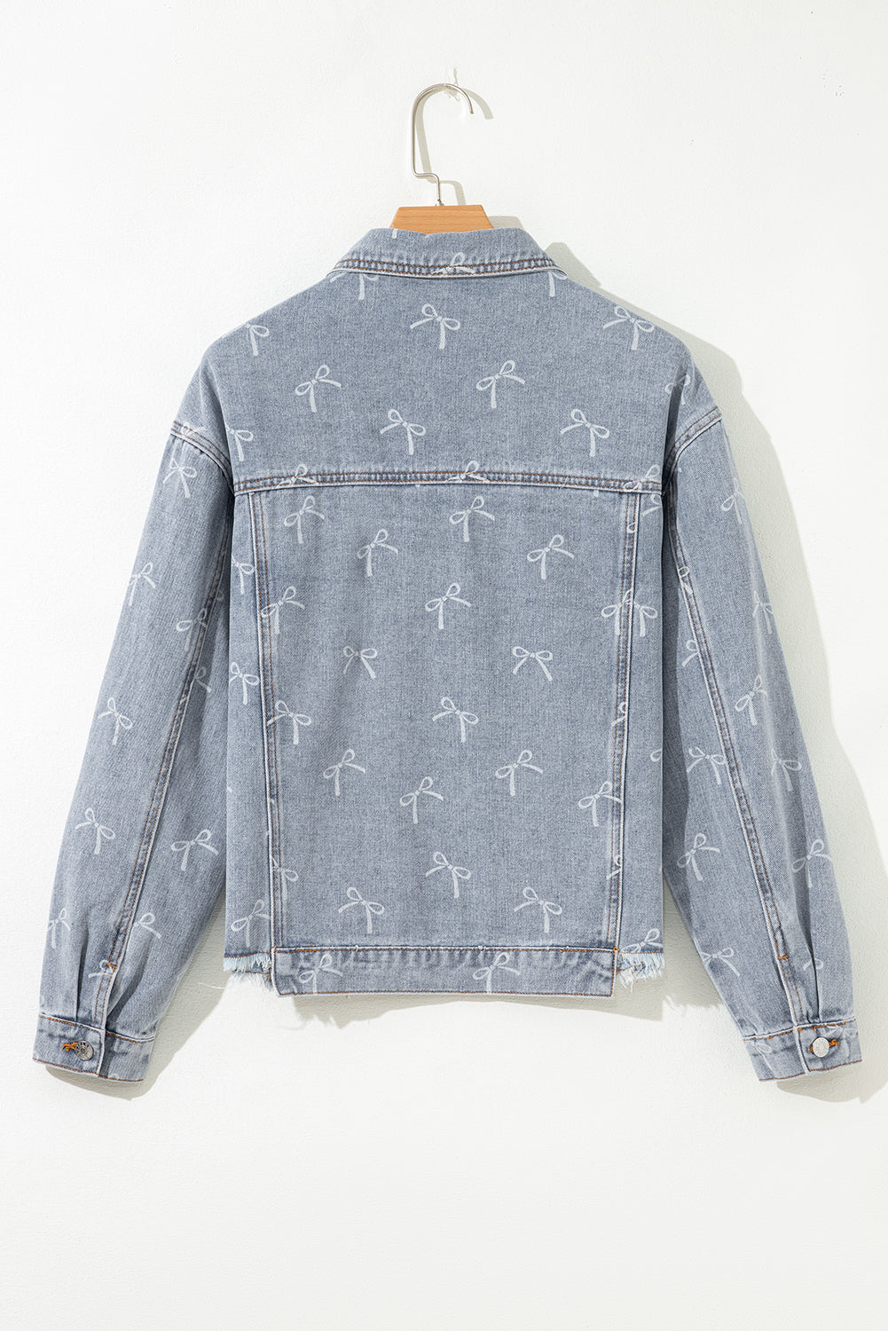 Sky Blue Bow Knot Print Light Wash Raw Hem Denim Jacket-Outerwear/Denim jackets-[Adult]-[Female]-2022 Online Blue Zone Planet