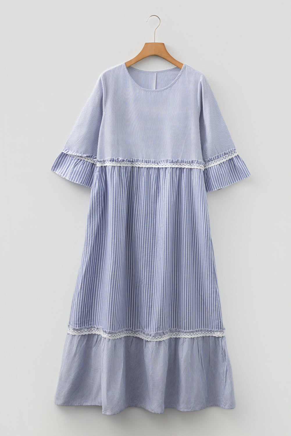 Sky Blue Stripe Patchwork Crossed Lace Detail Bracelet Sleeve Maxi Dress-TOPS / DRESSES-[Adult]-[Female]-2022 Online Blue Zone Planet