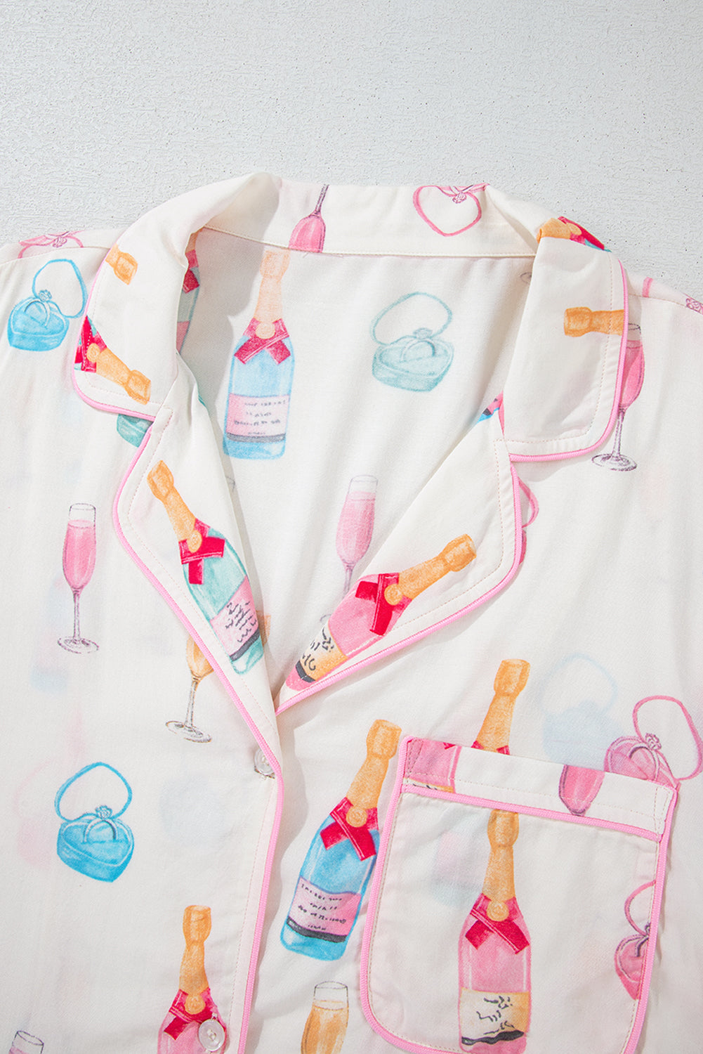 White Wine Glass Print Ribbon Bow Decor Plus Size Pajama Set-Plus Size Matching Sets-[Adult]-[Female]-2022 Online Blue Zone Planet