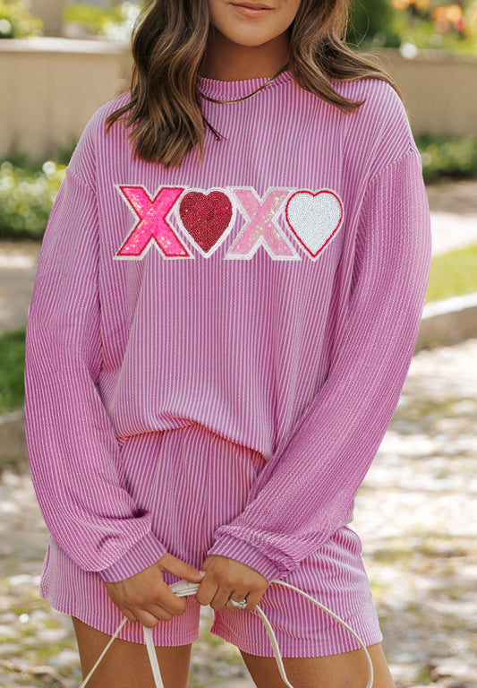 Valentine’s Day XOXO Heart Sequin Corded Long Sleeve Top and Shorts Set-TOPS / DRESSES-[Adult]-[Female]-Pink-S-2022 Online Blue Zone Planet