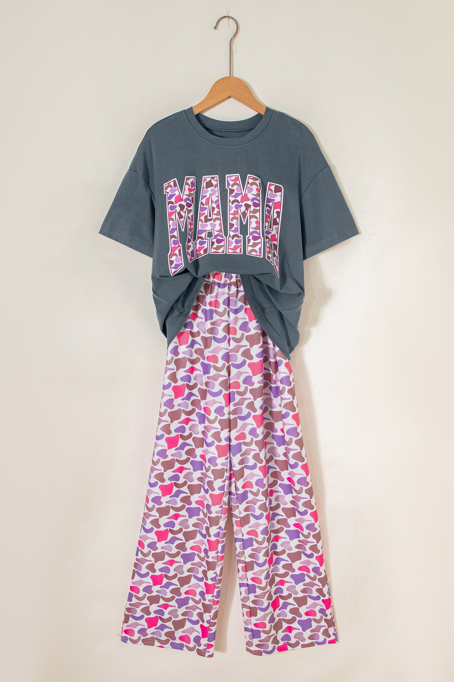 Medium Grey MAMA Letter Graphic Tee Camouflage Print Loose Pant Set-Two Piece Sets/Pant Sets-[Adult]-[Female]-2022 Online Blue Zone Planet