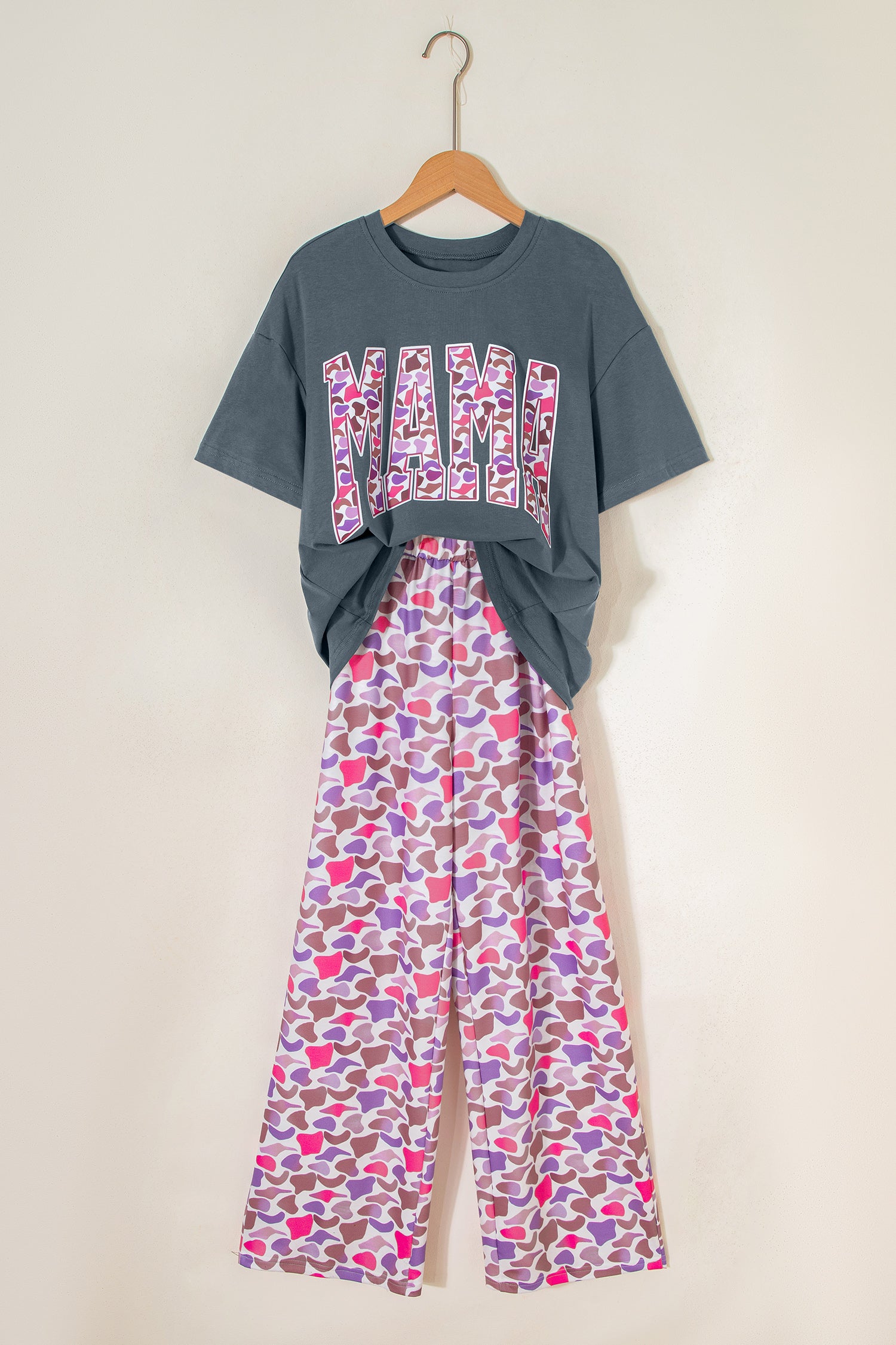 Medium Grey MAMA Letter Graphic Tee Camouflage Print Loose Pant Set-Two Piece Sets/Pant Sets-[Adult]-[Female]-2022 Online Blue Zone Planet