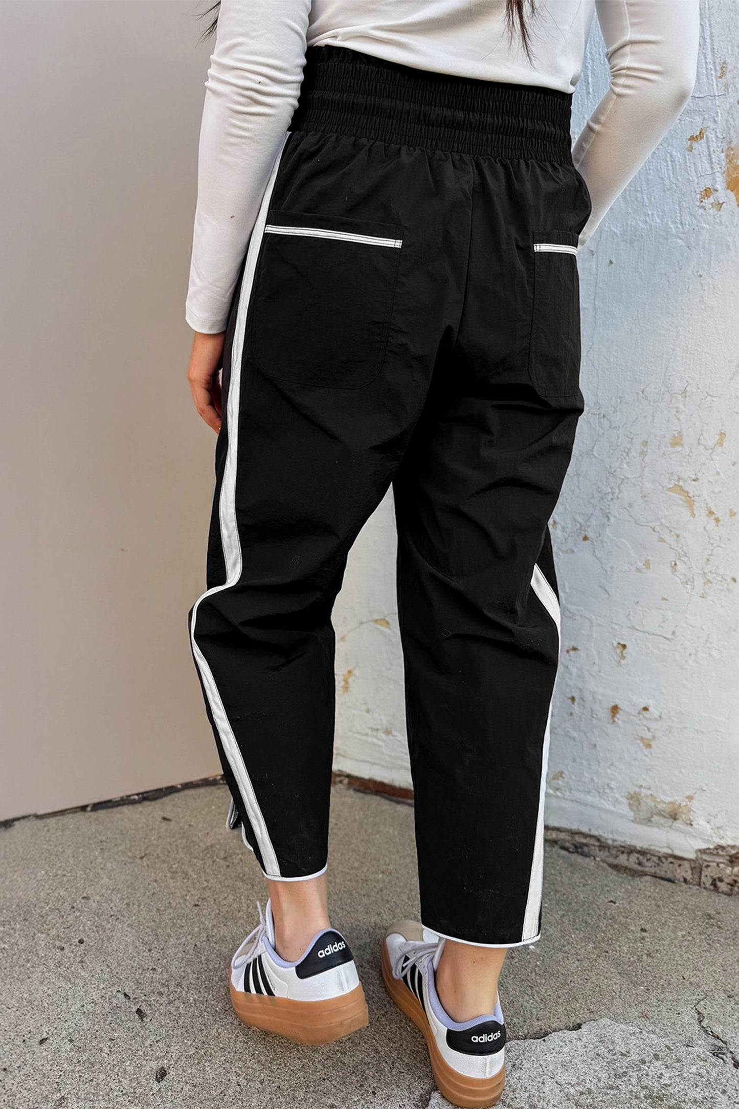Black Contrast Striped Smocked Waist Drawstring Cropped Casual Pants-Bottoms/Pants & Culotte-[Adult]-[Female]-2022 Online Blue Zone Planet