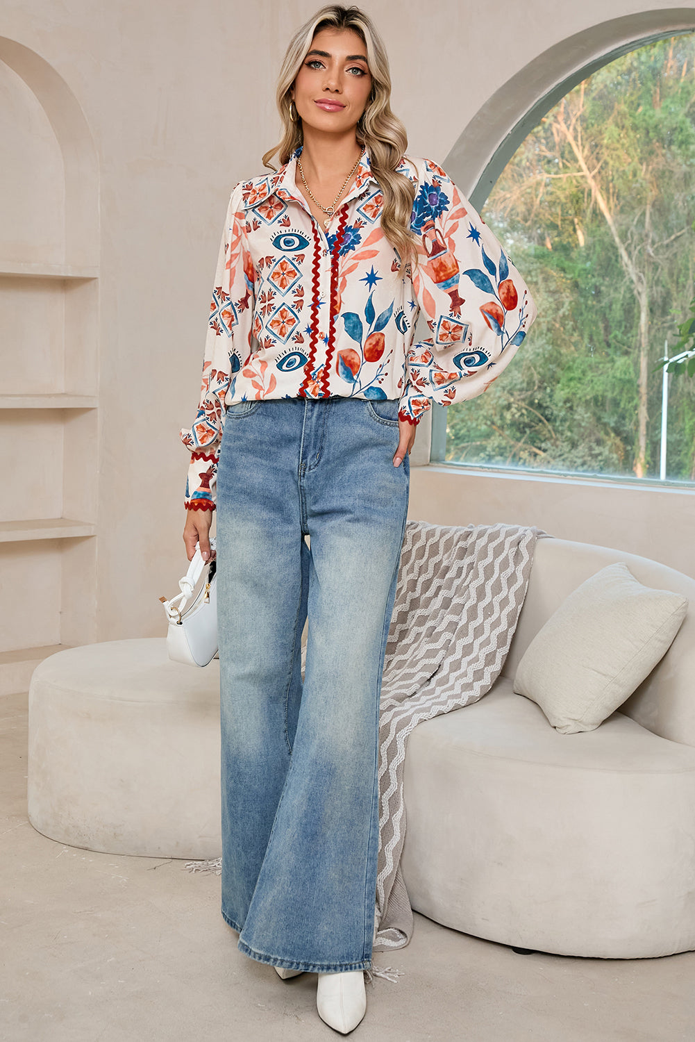 Multicolour Ethnic Floral Print Ricrac Button Down Shirt-Long Sleeve Tops-[Adult]-[Female]-2022 Online Blue Zone Planet