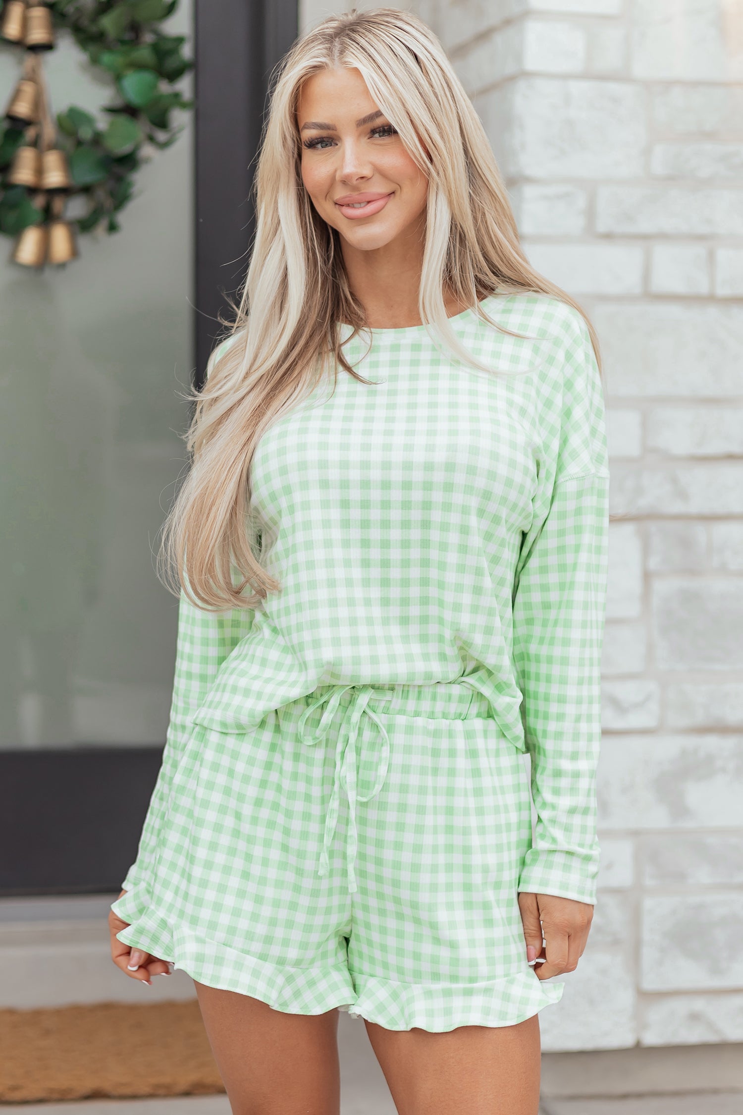 Green Gingham Long Sleeve Loose Top Drawstring Shorts 2pcs Lounge Set-Loungewear & Sleepwear/Loungewear-[Adult]-[Female]-2022 Online Blue Zone Planet