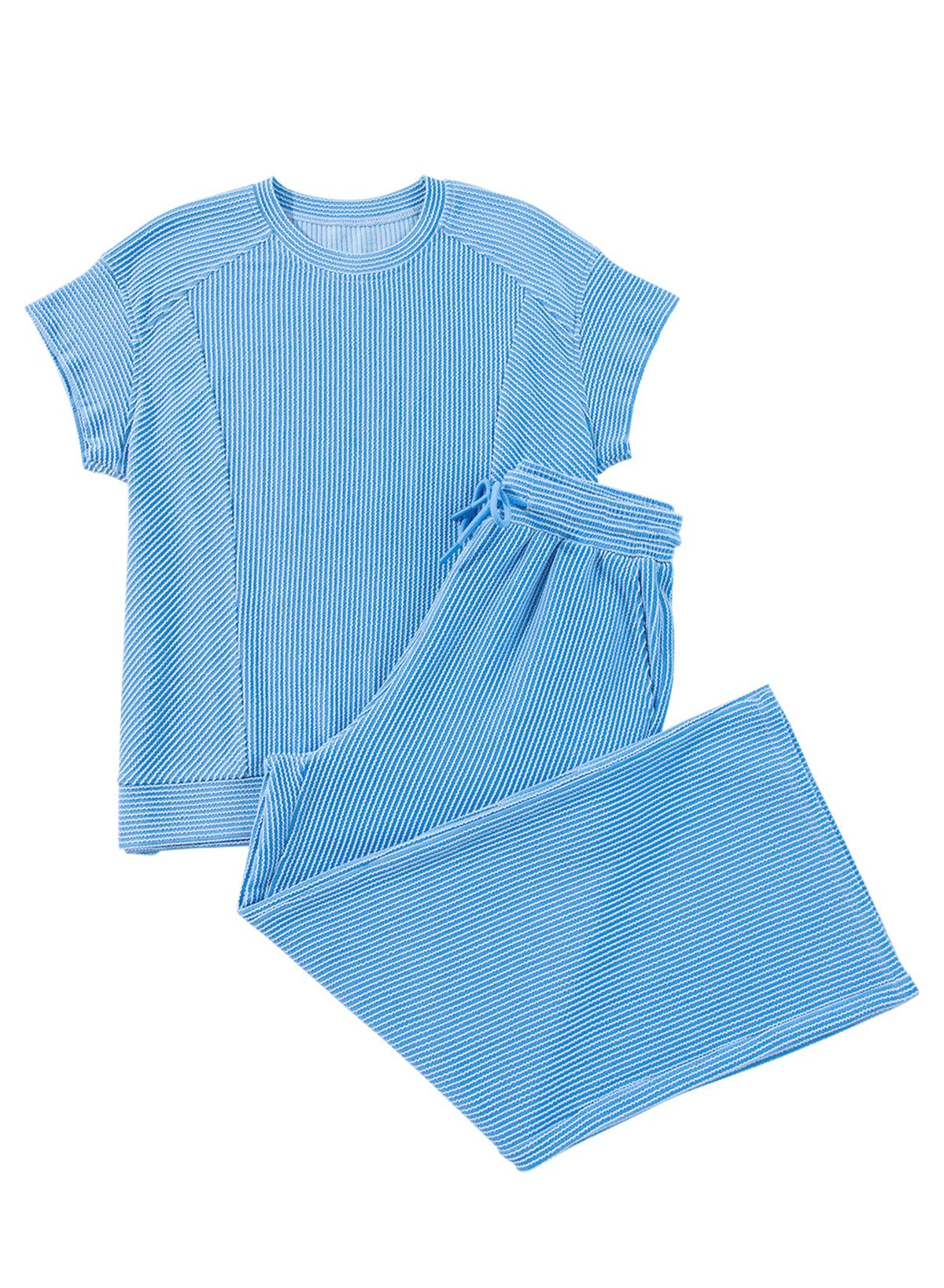 Blue Zone Planet | Blue Solid Corded Knit Short Sleeve T Shirt and Wide Leg Pants Set-Two Piece Sets/Pant Sets-[Adult]-[Female]-2022 Online Blue Zone Planet