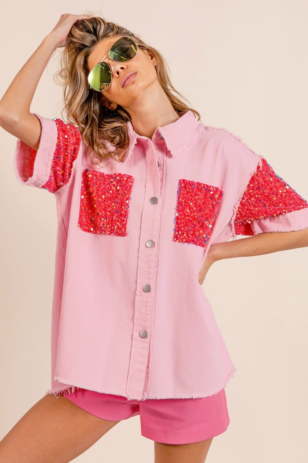 BiBi Sequin Detail Raw Hem Short Sleeve Shirt-TOPS / DRESSES-[Adult]-[Female]-Pink/Fuchsia-S-2022 Online Blue Zone Planet