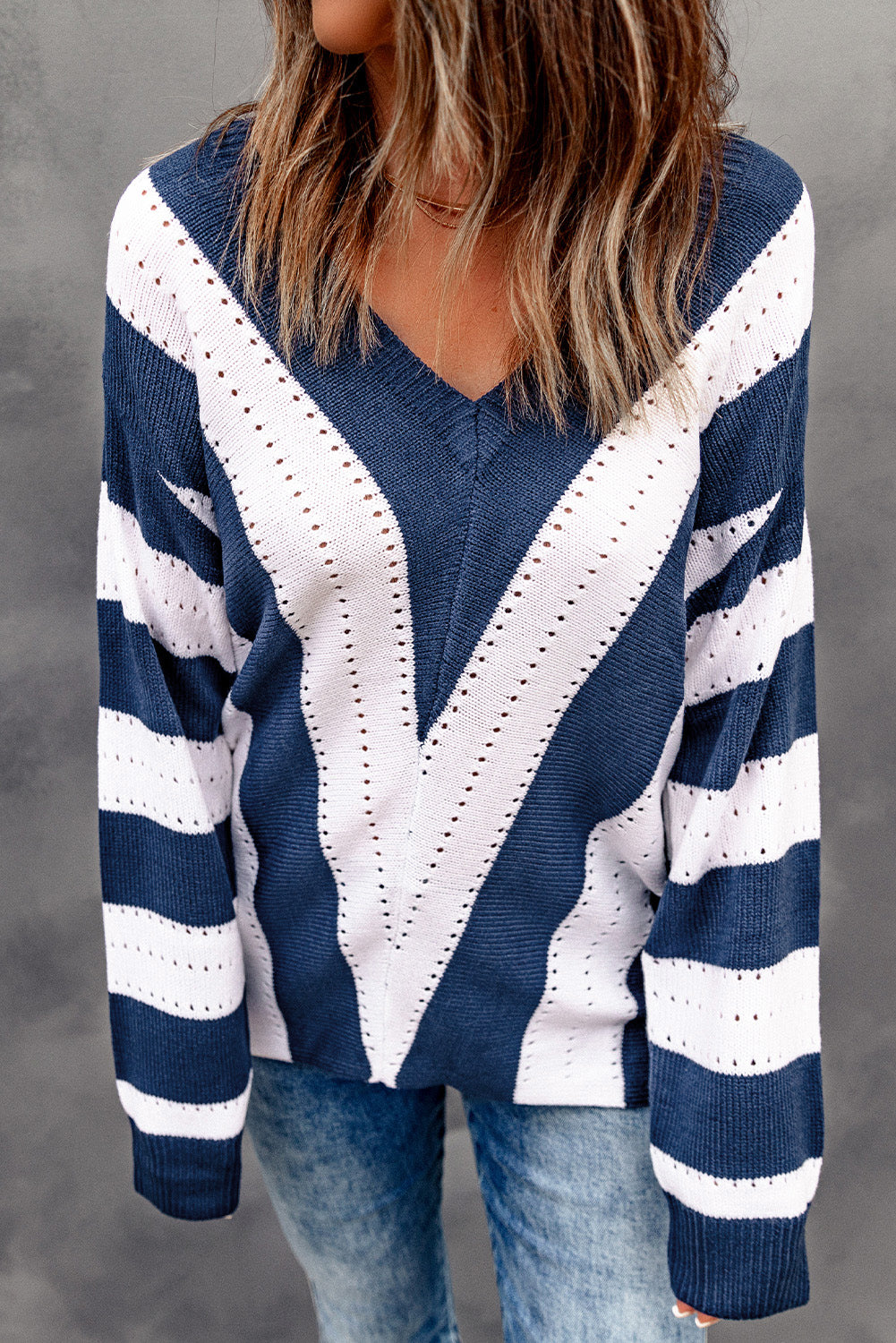 Blue Striped Colorblock V Neck Knitted Sweater-TOPS / DRESSES-[Adult]-[Female]-2022 Online Blue Zone Planet