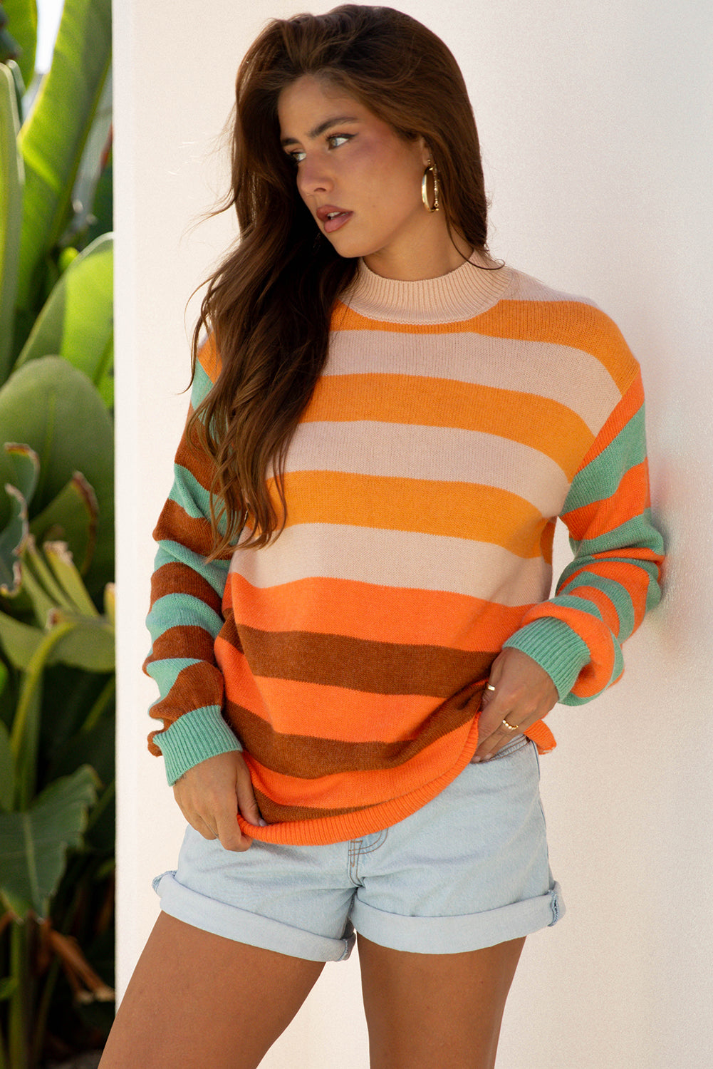 Orange Stripe Color Block High Neck Drop Shoulder Cozy Sweater-Sweaters & Cardigans/Sweaters-[Adult]-[Female]-2022 Online Blue Zone Planet
